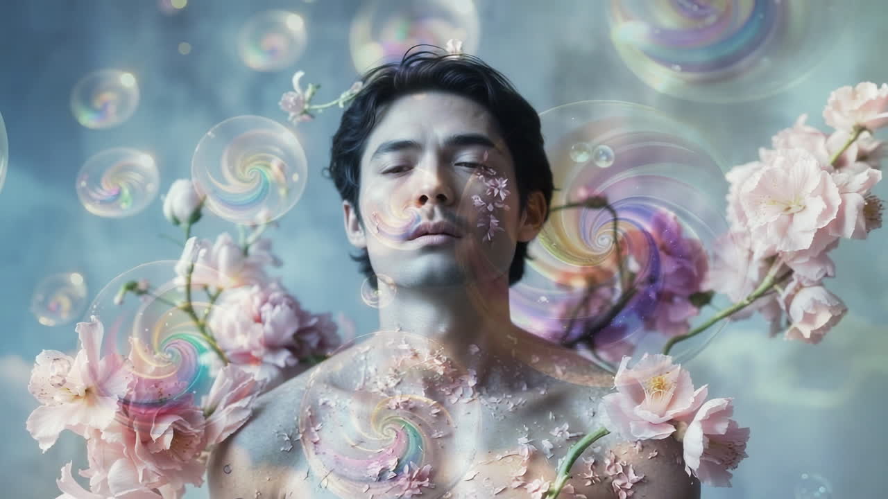 Ethereal Male Portrait with Flowers and Swirling Bubbles