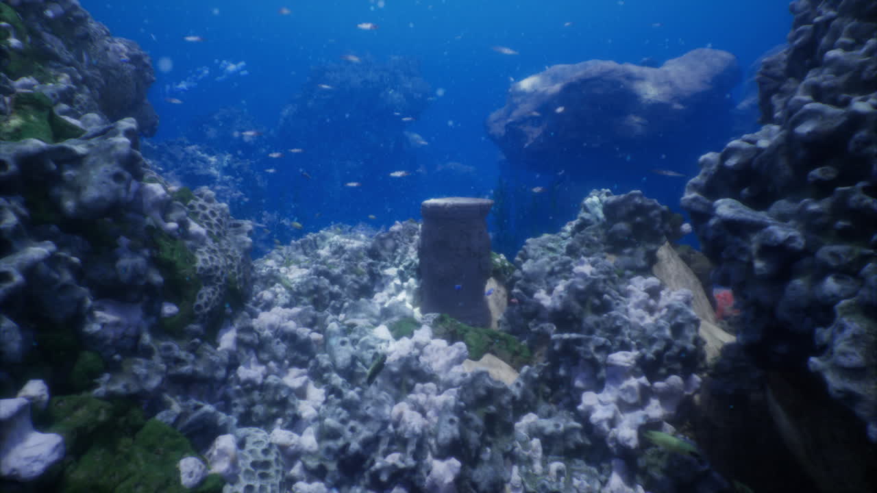 Coral reef ecosystem with underwater structures and diverse fish species