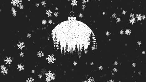 Animation-of-black-and-white-bauble-christmas-decoration-with-snow-falling-on-black-background