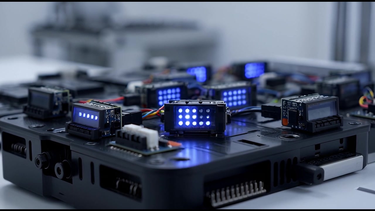 Close-up of Electronic Components with Blinking Blue Lights