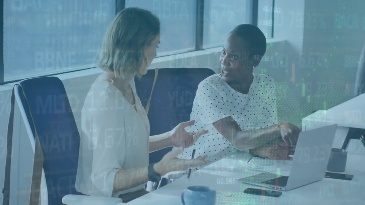 Animation of graphs and trading board on diverse female colleagues analyzing reports over laptop