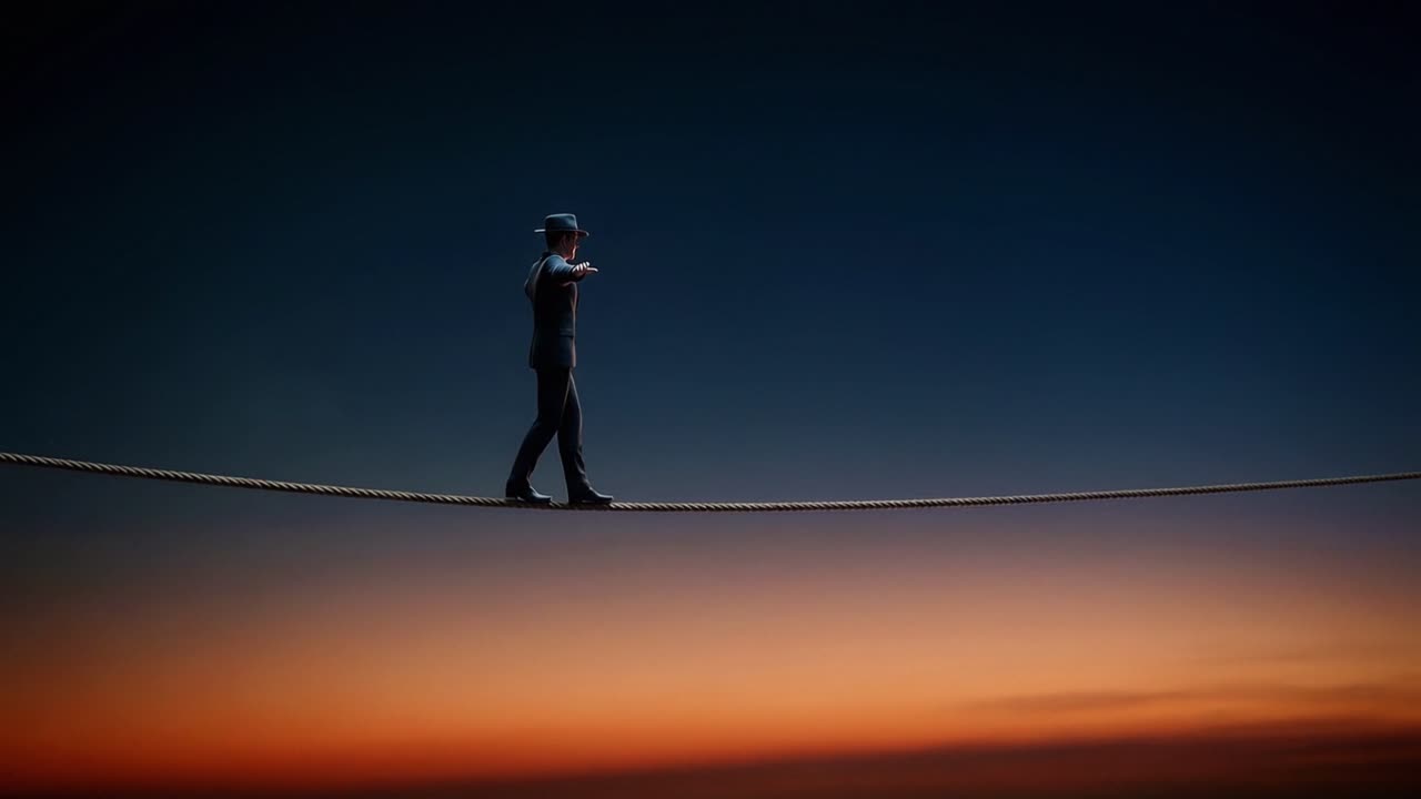 Tightrope walker balancing with arms outstretched while stepping along a rope above a sunset horizon