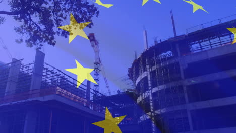 animation of flag of european union over fast motion crane at construction site in modern city