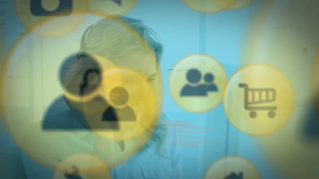 animación de la red de conexiones con iconos sobre mujer de negocios caucásica usando auriculares de teléfono.