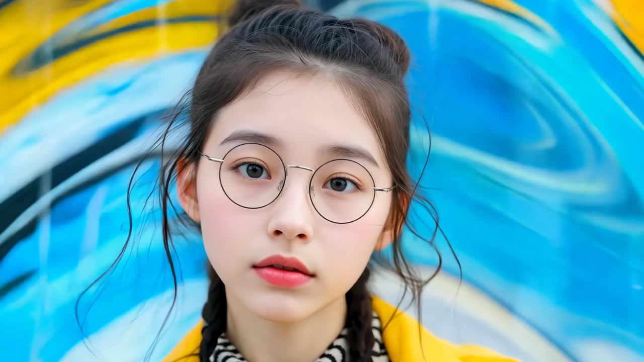 노란색 재과 안경을 입은 젊은 여성