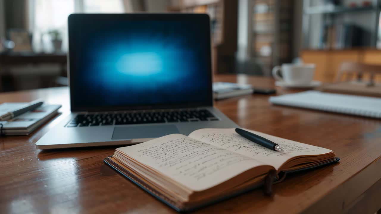 Moving camera tightening toward open notebook on desk in study, focusing on notes with pen, laptop