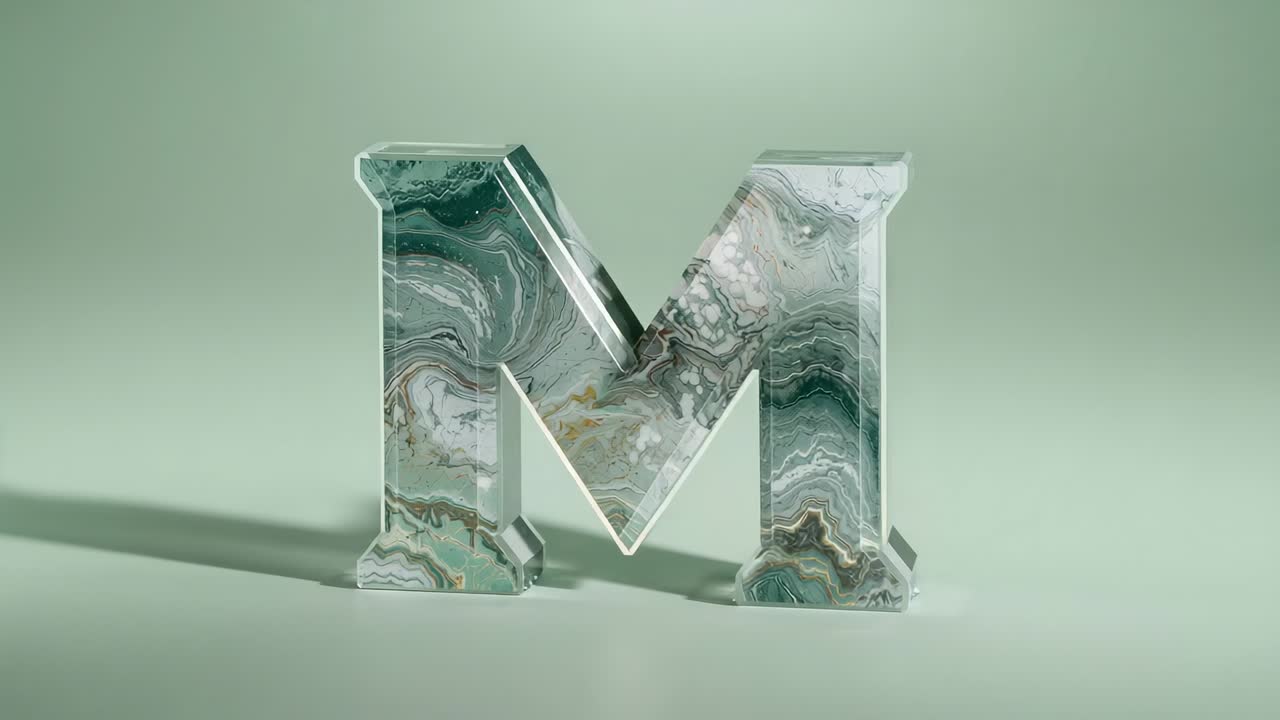 Rotating freestanding 3D letter M slowly on pale green plane after pause, revealing marble facets
