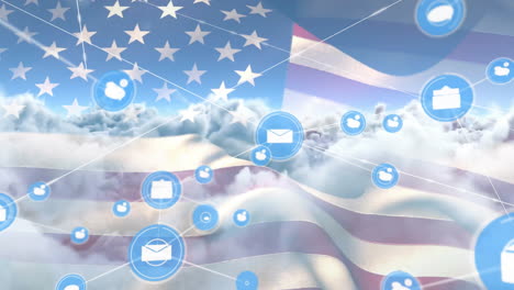 animation of network of connections with icons and flag of usa over clouds