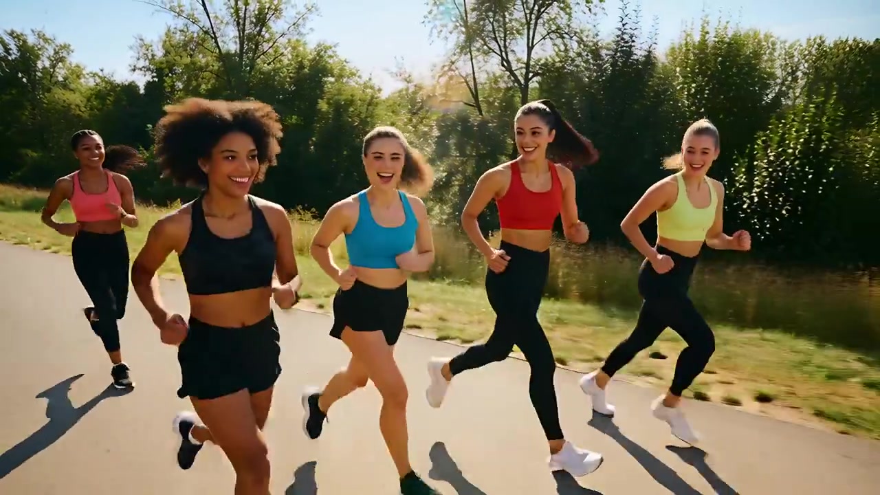 Cinque donne che fanno jogging reagiscono a una che indica e ride su un sentiero del parco per fare esercizio, abbigliamento sportivo.
