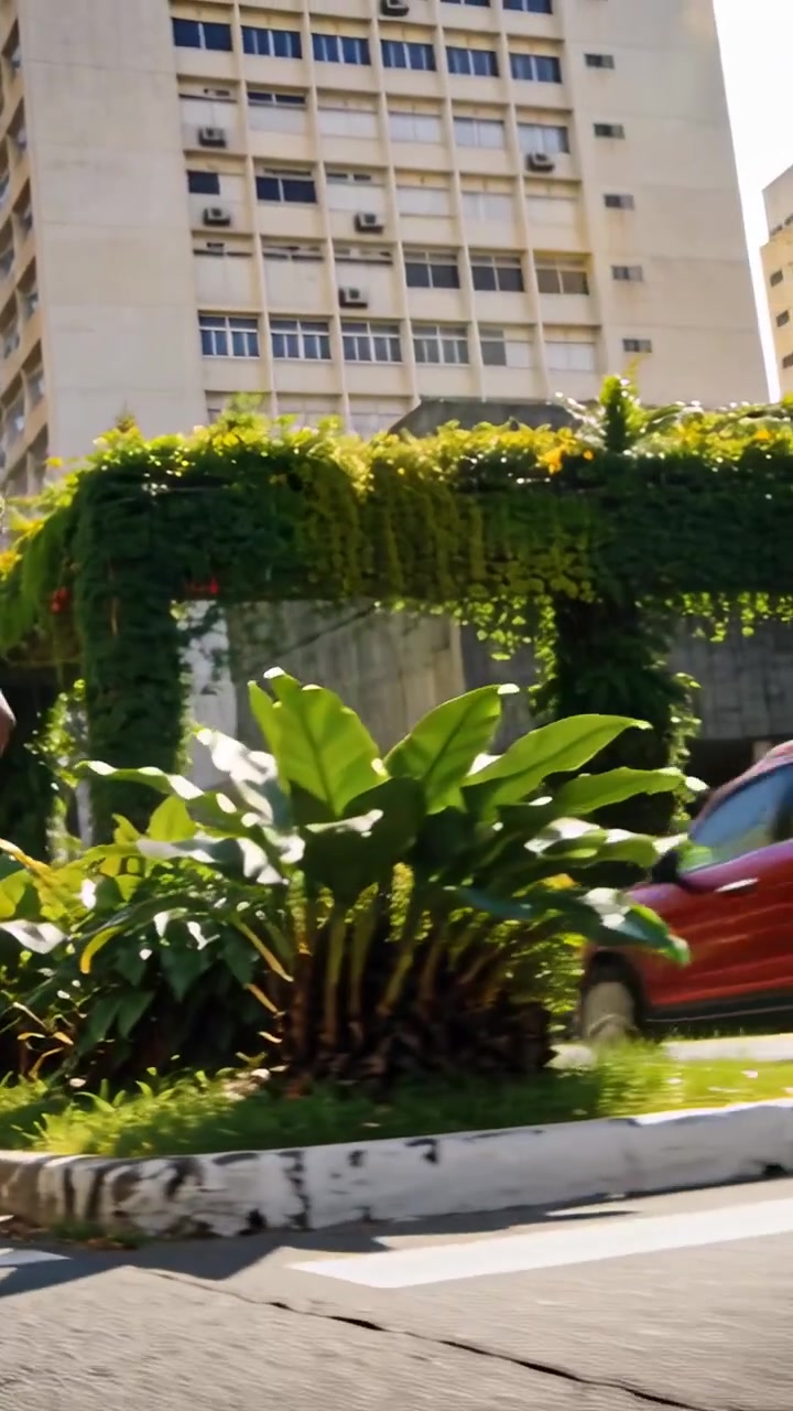 Vídeo vertical: Câmera em movimento passando por pérgola coberta de videiras na calçada da cidade, mostrando SUV vermelho