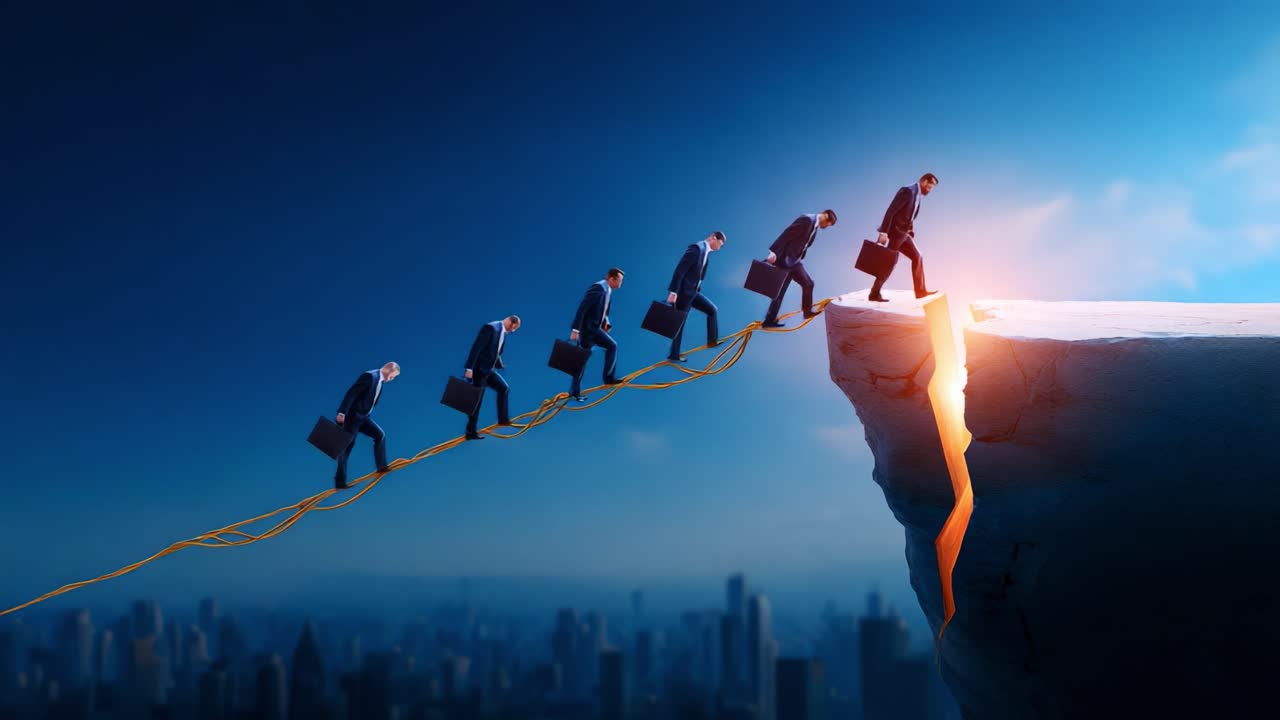 A determined journey depicted as business professionals scaling a challenging cliff, illustrating perseverance, teamwork, and the climb towards success on a precarious path