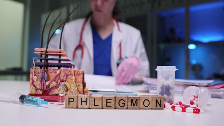 Concetto medico di flemmone con un medico e attrezzature sanitarie