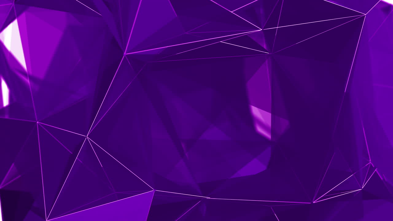 Polygonal purple elements. Abstract looped animation of triangles. Shiny moving surfaces with white glowing lines.