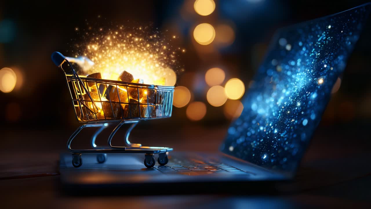 A captivating visual representation of an online shopping experience, showcasing a miniature shopping cart filled with glowing orbs, set against a digital backdrop of swirling cosmic lights and bokeh effects