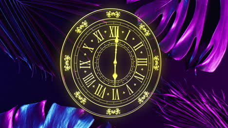 animation of yellow clock with fast moving hands over blue and purple leaves on black background