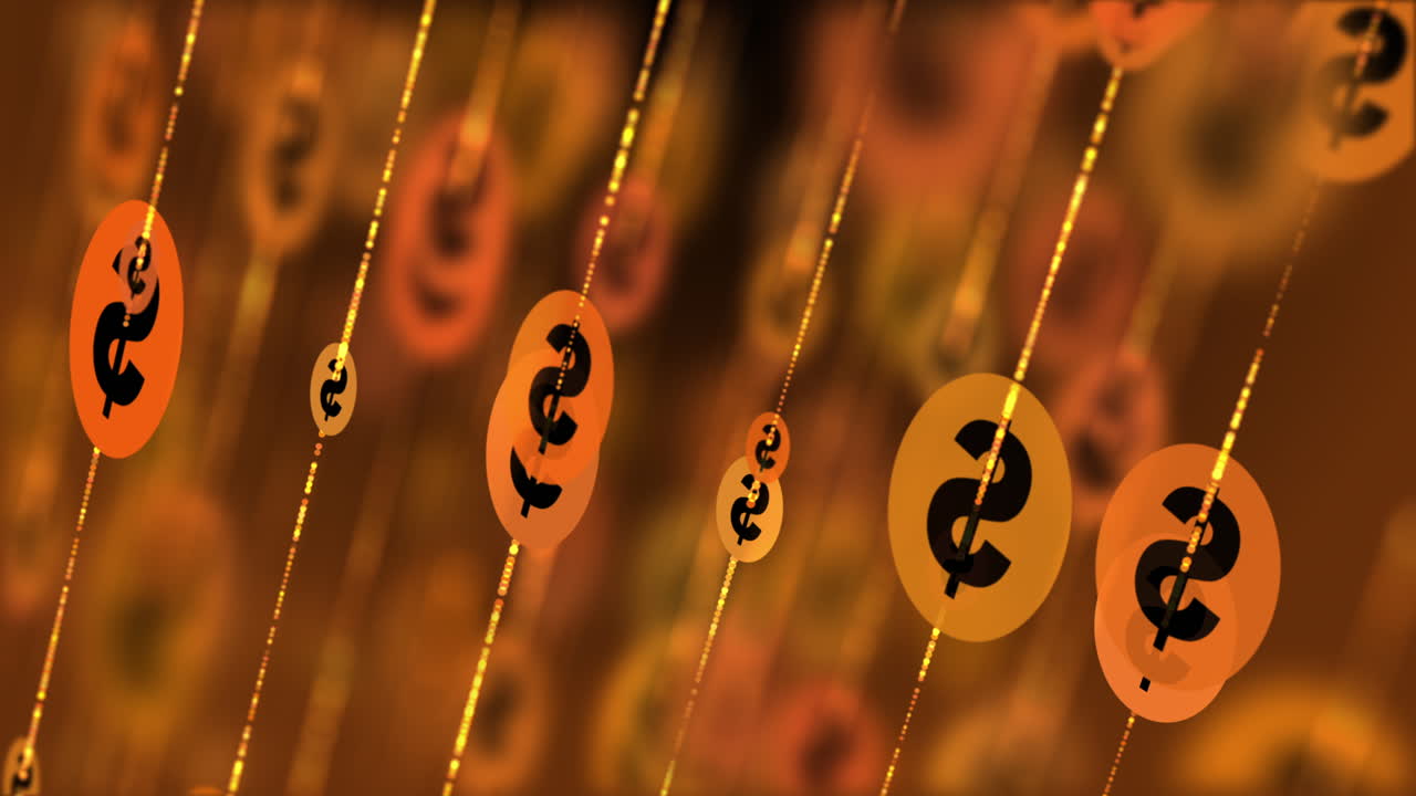 Yellow gold coins with international dollar symbol rotating. Animated blurred background.