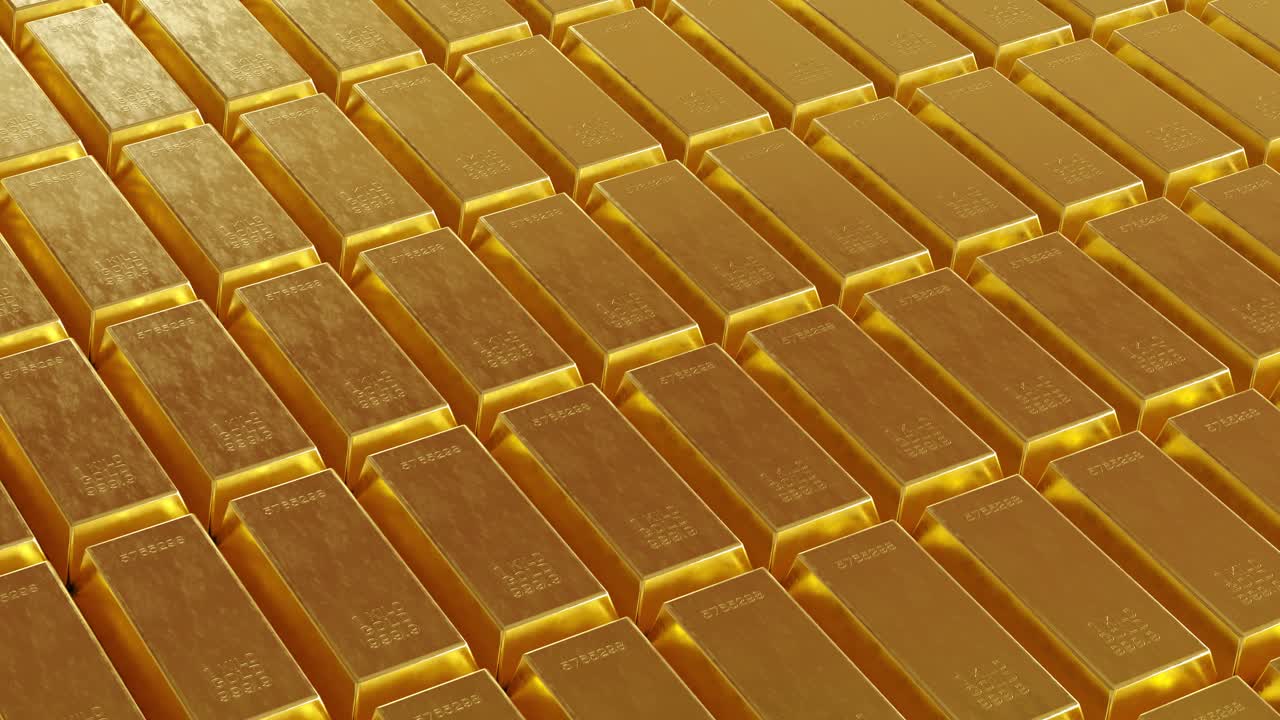 3D animation loop of many gold bars arranged in rows