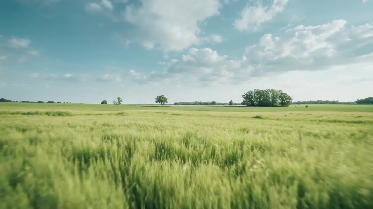 Gliding low camera moving forward over cereal field, showing stems, lone tree, woodlot on horizon