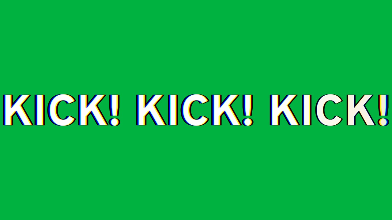 Animazione della scritta 'kick' in lettere bianche ripetute su sfondo nero