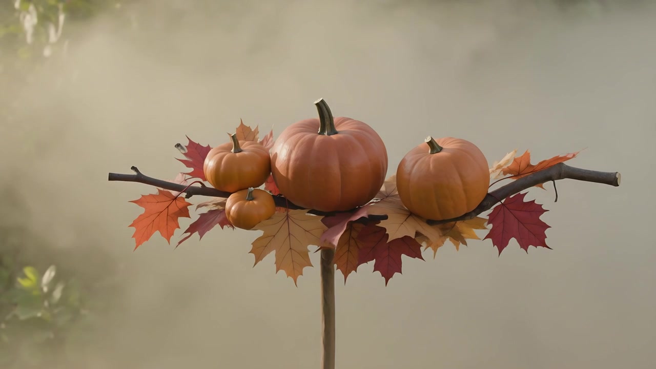 Pulling back camera revealing centered pumpkins on pole, showing misty garden with leaves