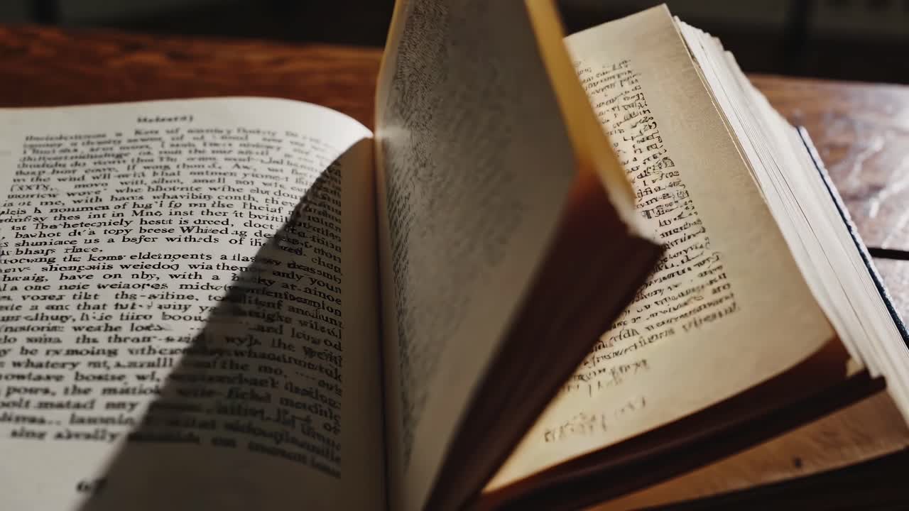 Close-up, angled shot of an open book with visible text, creating an intimate, vintage feel