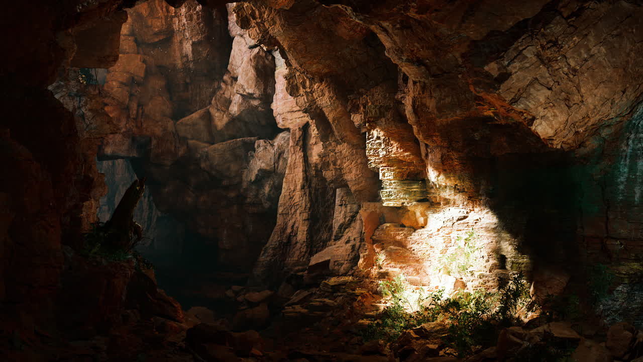 dentro de una cueva con un rayo de luz solar brillando a través