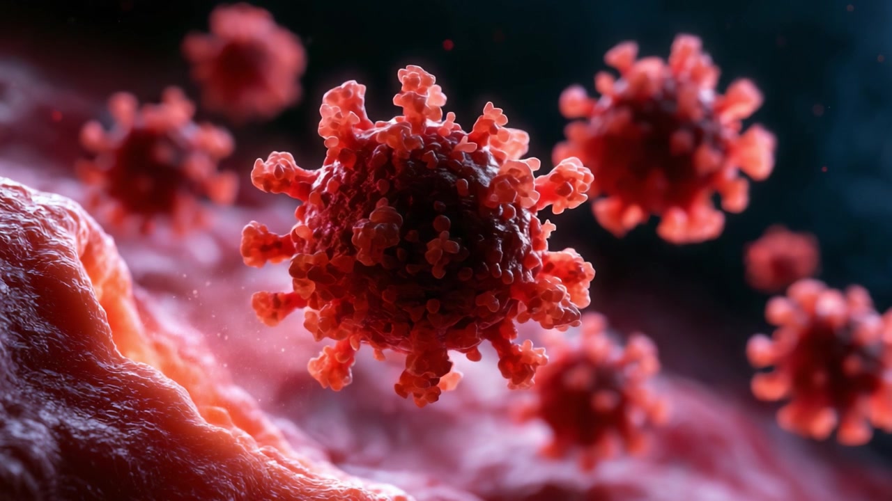 Visualizzazione Accattivante di una Struttura Virale: Un'Indagine Ravvicinata sui Complessi Meccanismi Interni di un Patogeno che Rappresenta l'Interazione Cellulare.