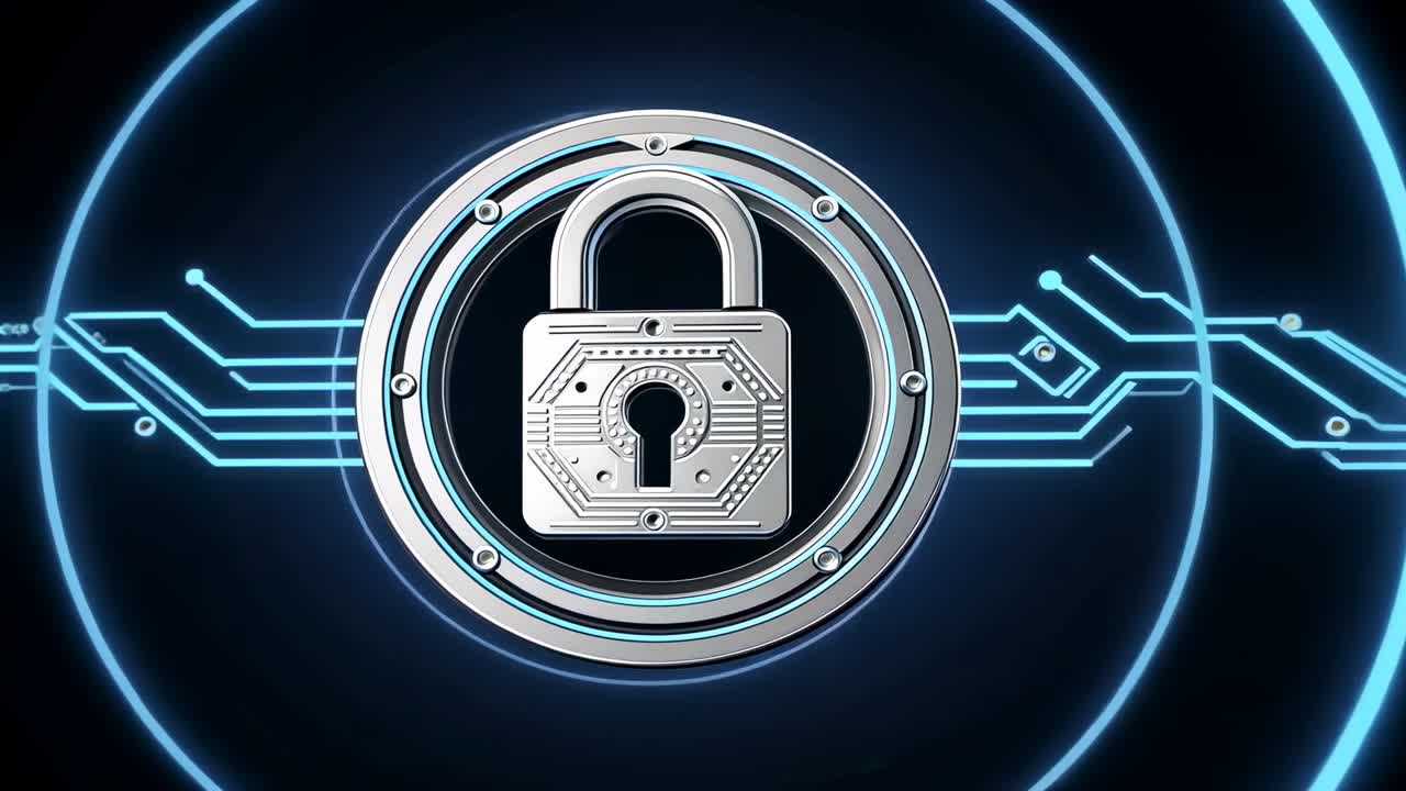 Fading padlock icon starting rotating neon blue rings tracing circuits in UI, signaling security