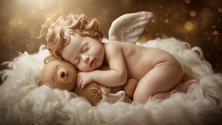 Neonato cherubino dormiente immerso in una calda luce in alto a sinistra, che abbraccia un orsacchiotto d'oro su un nido bianco