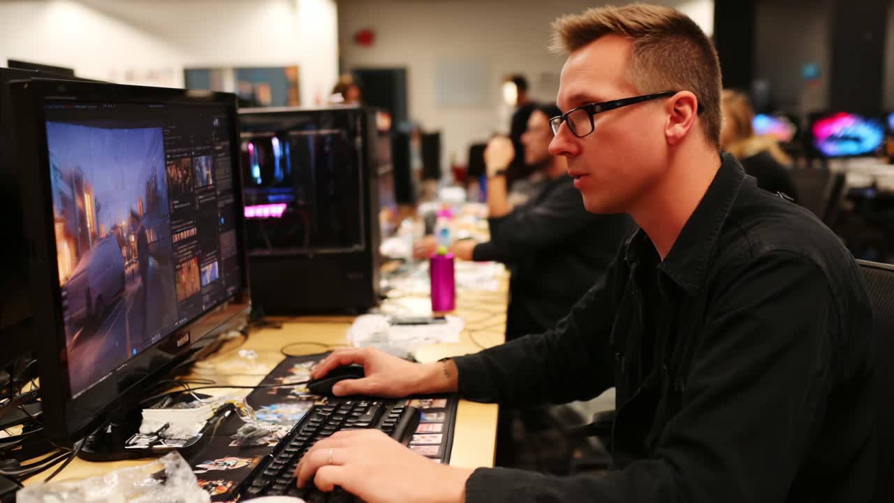 Focused Individual Engaged in Creative Digital Work at Computer, Showcasing a Busy Environment with Multiple Monitors and Enthusiastic Colleagues in the Background