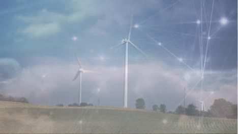 animation of network of connections over spinning windmill against clouds in the blue sky