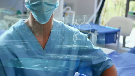 animación de una doctora caucásica con máscara facial sobre el procesamiento de datos