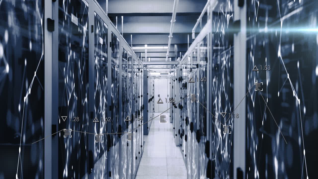 animación del procesamiento de datos estadísticos contra las rutas de las redes plexus sobre la sala de servidores de computadoras.