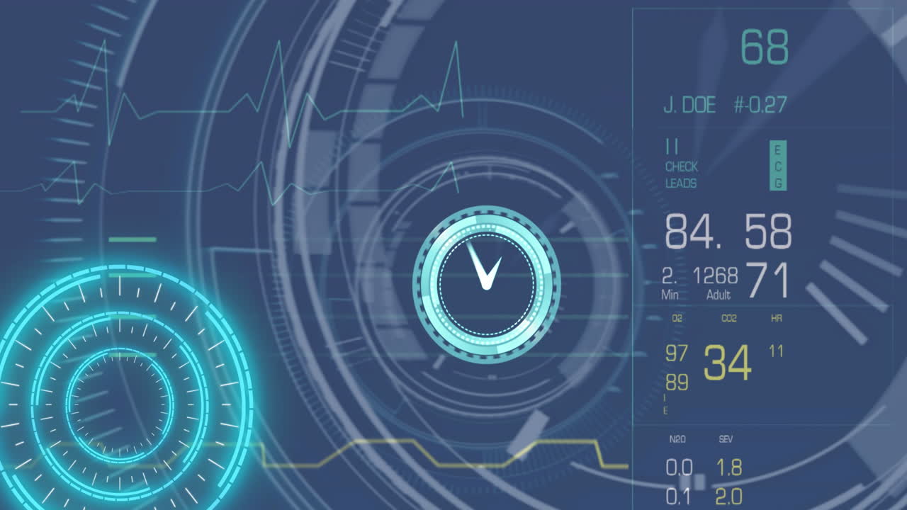 화면에서 시계, 범위 스캐닝 및 데이터 처리의 애니메이션
