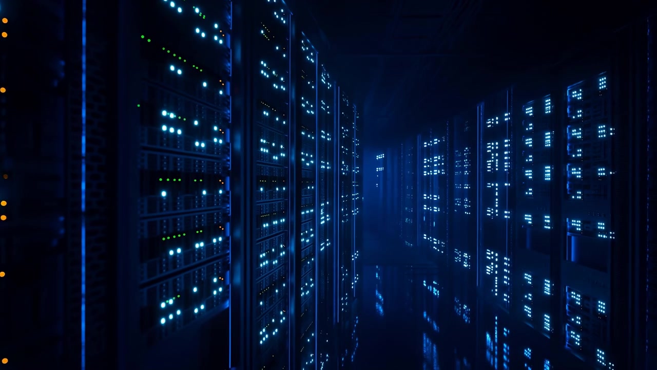Dark Server Room Corridor With Glowing Server Racks And Blue Indicator Lights Reflecting On Glossy Floor,