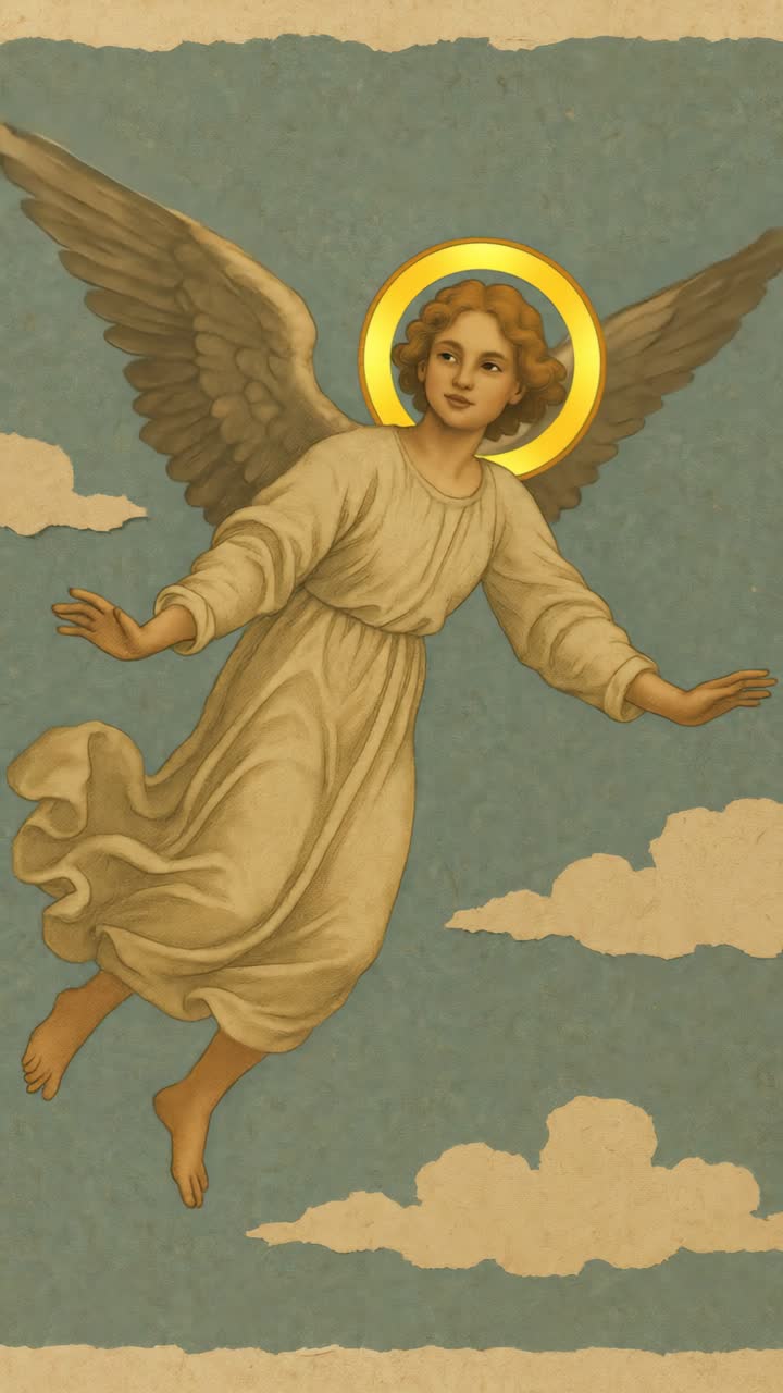 Illustrazione in stile vintage di un angelo in volo, vista di profilo