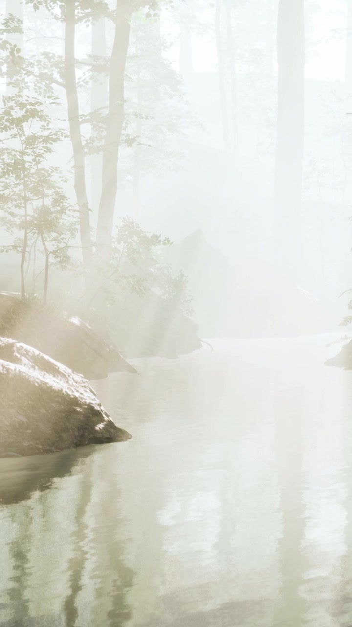 Fog covers a river surrounded by trees in a forest setting early in the morning