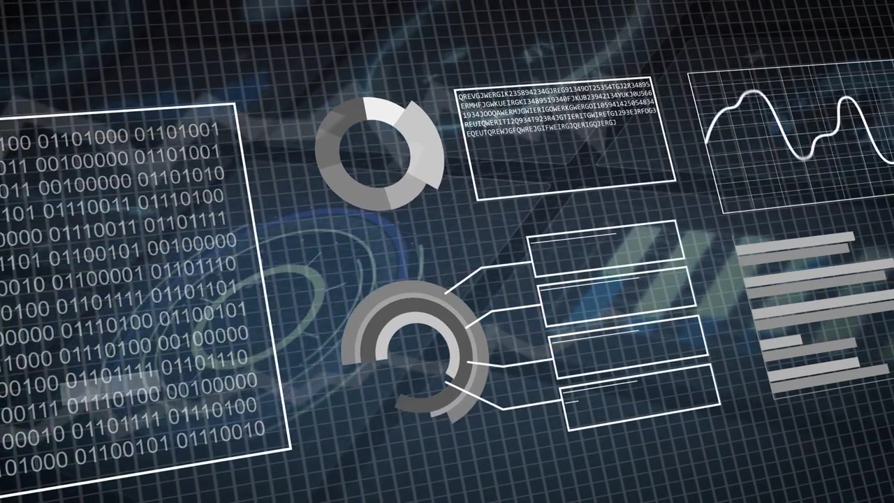 Data feed arriving, HUD shifting, pie or bar charts growing, binary panel filling, showing analysis
