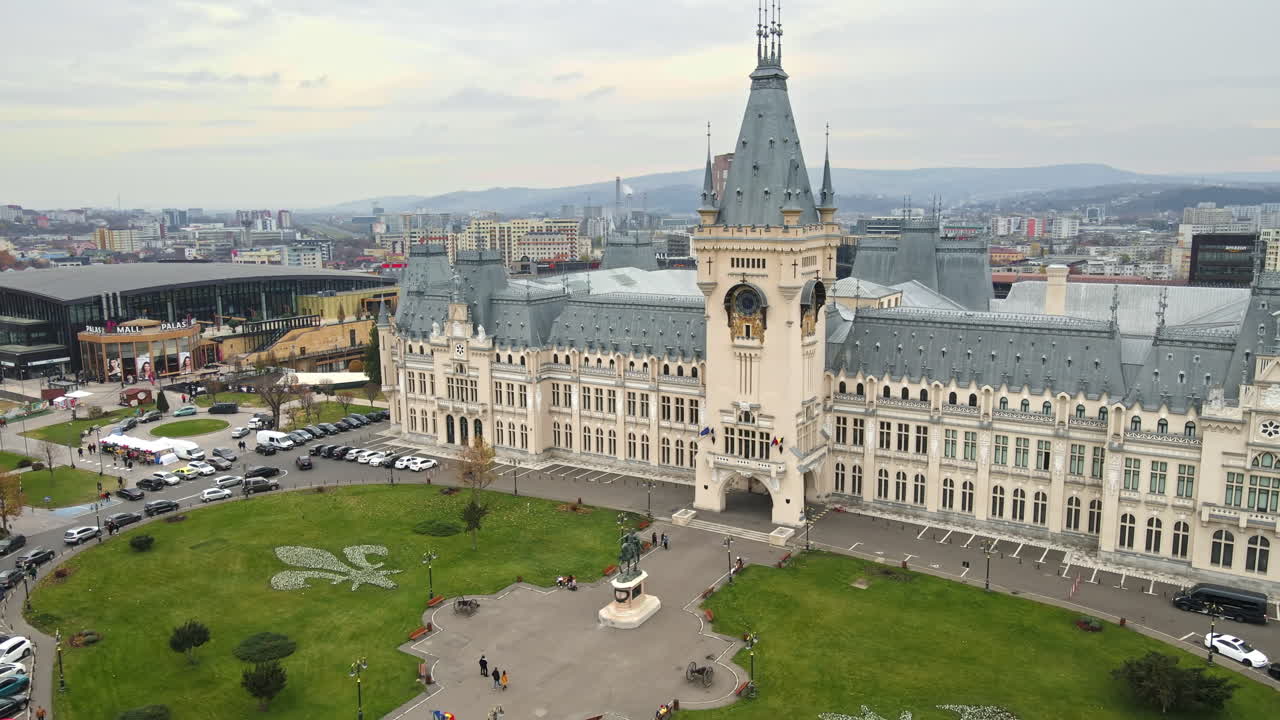 Aerial drone view of central buildings in Iasi, Romania. Square in front of it