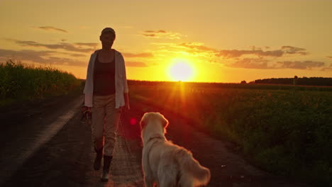 woman and dog walking on country road at sunset