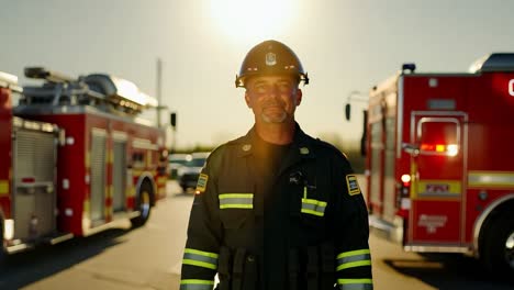 firefighter in uniform standing in front of fire truck