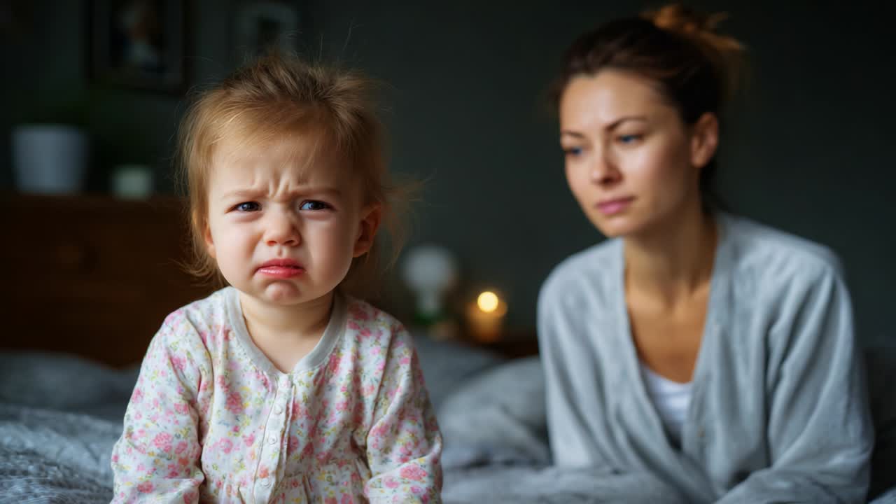 A Small Child's Disappointment and a Mother's Concern: A Close-Up Depiction of Emotions in a Bedroom Setting, Highlighting the Subtle Communication and Deep Connection Between Mother and Child