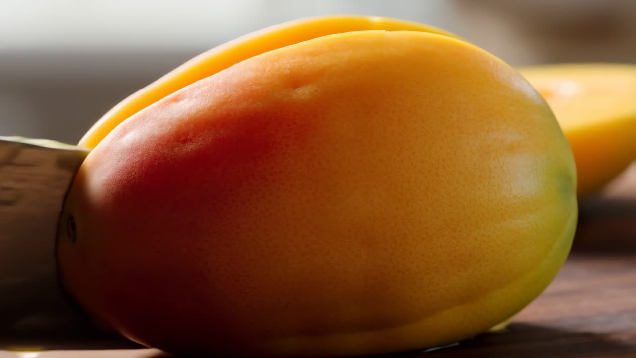 Close-up of a Mango Being Sliced with a Knife