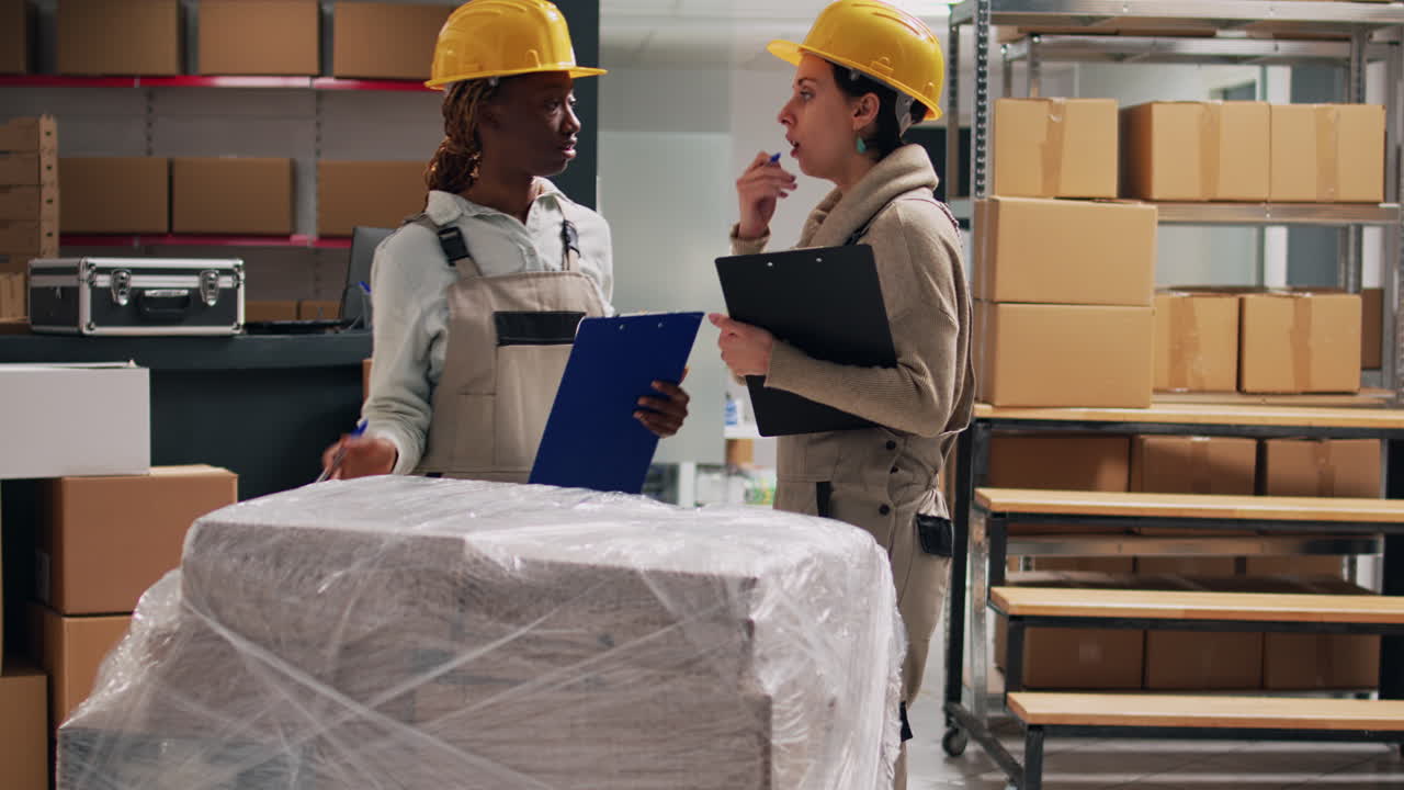Warehouse workers discussing inventory and logistics