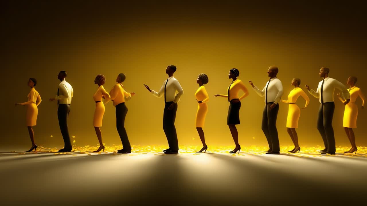 A Dynamic Dance Line Featuring Energetic Performers in Stylish Attire, Capturing the Joy and Rhythm of Movement with a Radiant Golden Background in a Vibrant Celebration of Dance