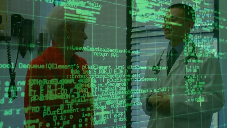 Animation of data processing over biracial male doctor and senior patient talking