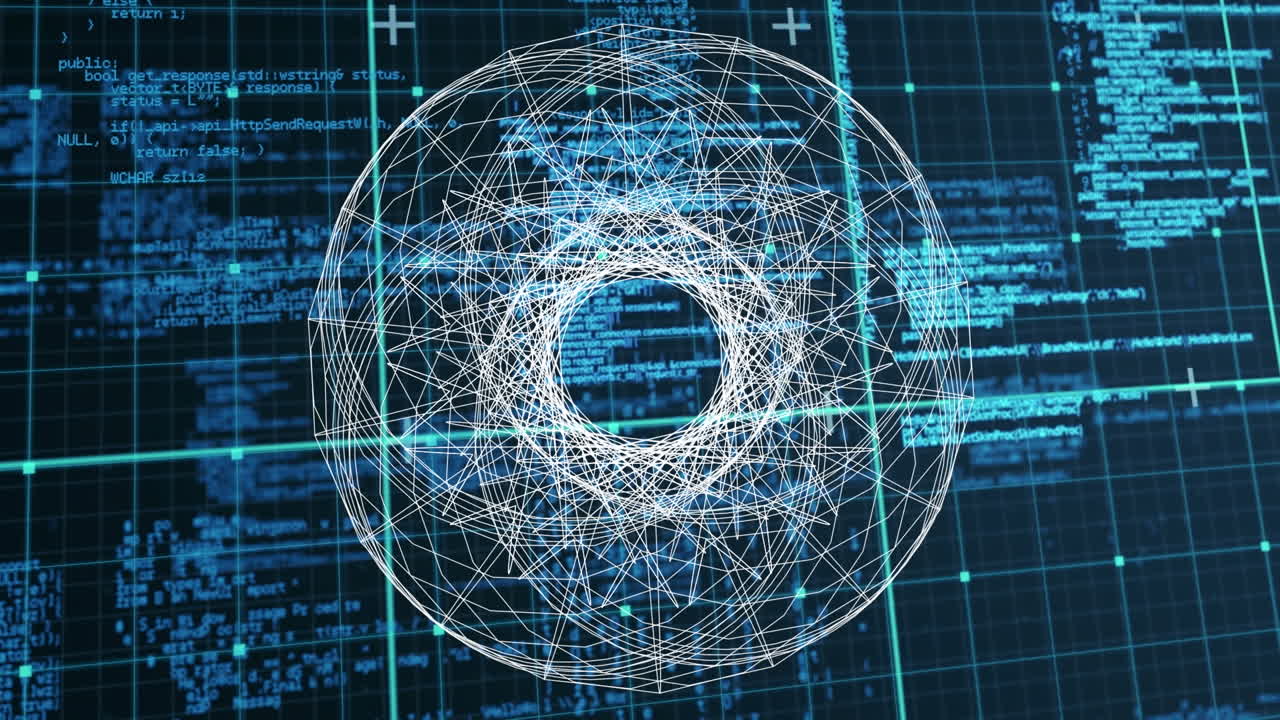 Animation of circles over data processing in blue and black space