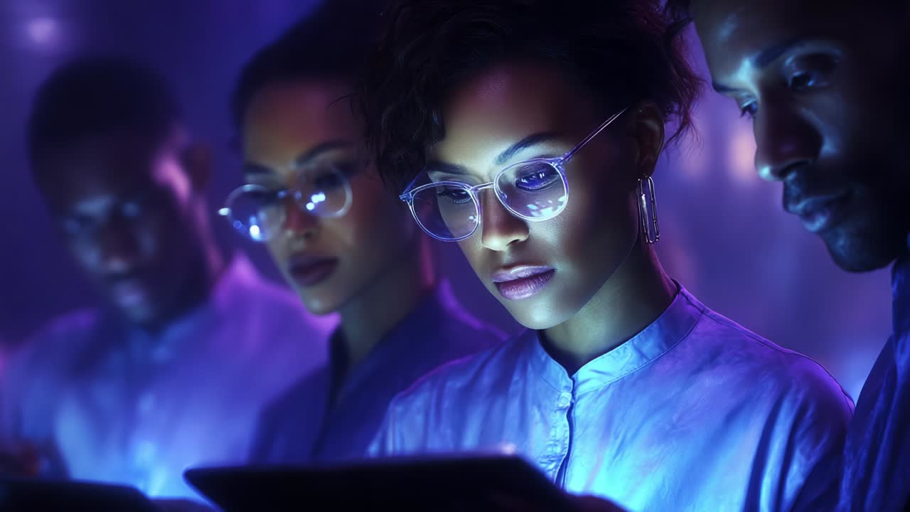 Focused individuals engaged with technology in a purple-lit setting, showcasing concentration and collaboration. The group, dressed in matching attire, highlights a moment of digital interaction in a modern environment