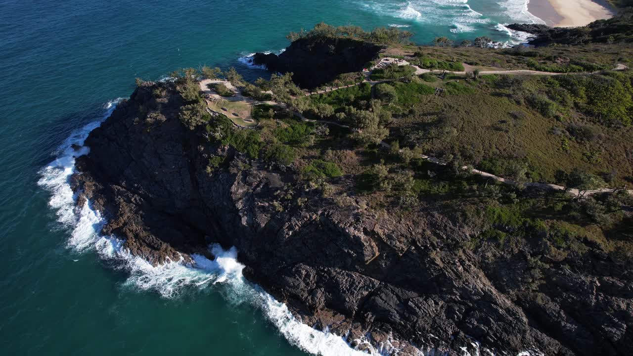 Hell's Gates Headland With Hiking Trails In Noosa National Park in Queensland, Australia. Aerial Pullback Shot