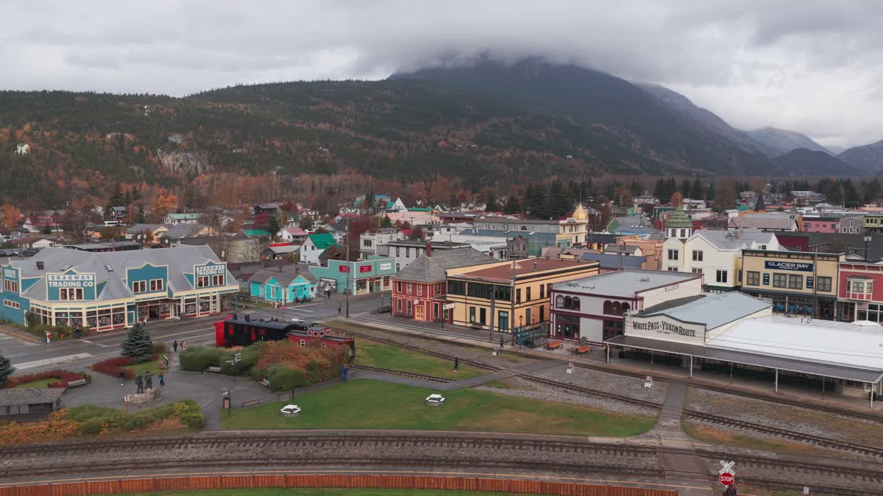 Low aerial dolly shot of the historic White Pass Yukon Route railroad station in Skagway, Alaska. 4K